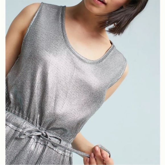Dolan Anthropologie Silver Metallic Midi Dress Drawstring Waist, Ribbed Sz S - Picture 2 of 15
